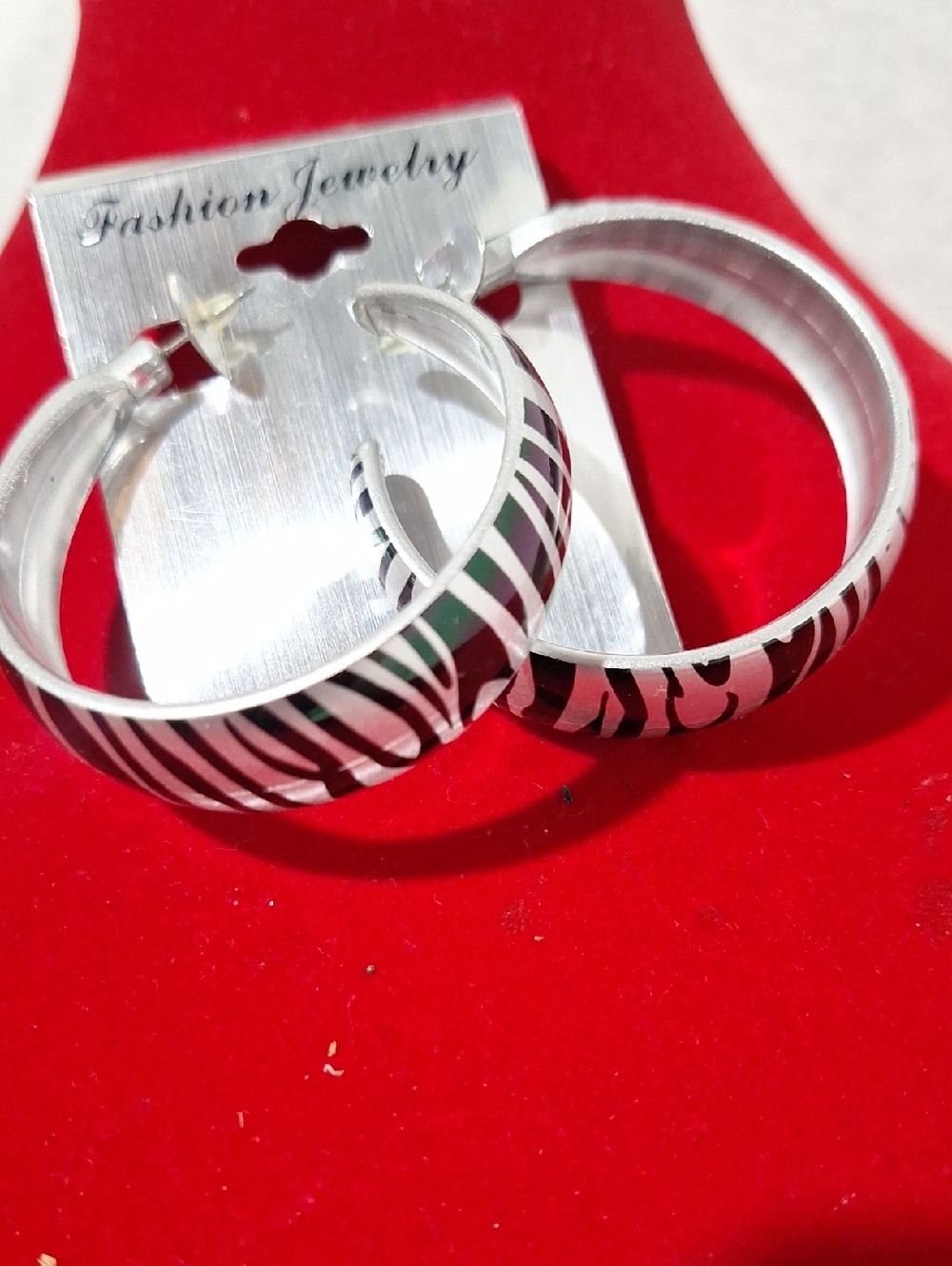Fashion Jewelry Silver and Black Zebra-Print Hoop Earrings